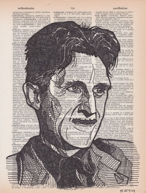 This is a luster photo print of a black ink drawing of George Orwell drawn on an aged and yellowed dictionary page containing his namesake. Ink Drawings, Illustration Pen And Ink, Famous Book Quotes, Yellow Cartoon, Simpsons Characters, Dictionary Page, Unusual Art, George Orwell, Portrait Sketches