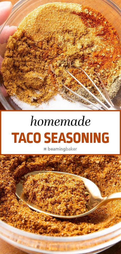 Easy, 2 minute homemade Taco Seasoning! Seasoned with spicy chili powder, warm cumin, and spices like garlic, paprika, salt, and onion—the perfect spice for Mexican dishes like Taco Dip, burritos, and more! | Recipe at BeamingBaker.com Taco Seasoning Dip, Taco Spice Mix, Taco Seasoning Ingredients, Mild Taco Seasoning, Make Taco Seasoning, Homemade Taco Seasoning Mix, Taco Spice, Homemade Taco Seasoning Recipe, Taco Mix