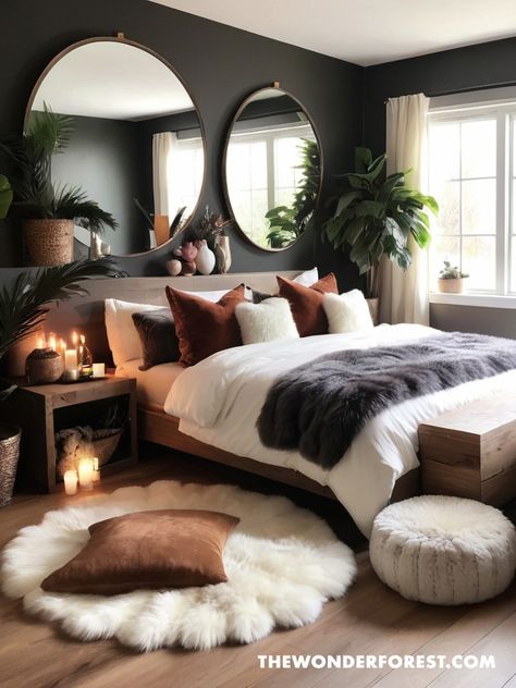 How to Make Your Home Look Expensive Boho Modern Guest Bedroom, Bedroom Ideas Master Suite Color Palettes, Burgundy Boho Bedroom, Modern Organic Bedroom Ideas, Earthy Bedroom Color Schemes, Master Bedrooms Decor Relaxing, Moody Hotel Room, Dark Theme Bedroom Ideas, Apartment Master Room Ideas