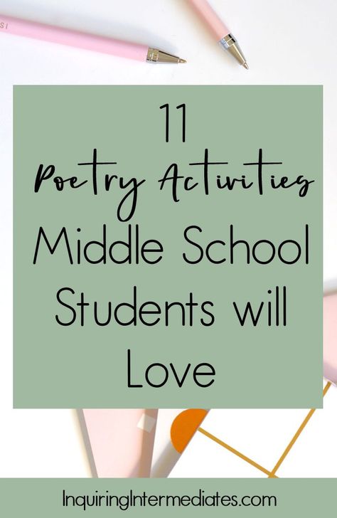 Poetry activities for middle school don't have to be boring! I've shared 11 poetry activities middle school teachers can easily bring into their classroom including poetry books for middle school, poetry teaching activities, and game ideas! Poetry Activities Middle, Poetry Unit Middle School, Middle School Poetry, Books For Middle School, Fun Poetry Activities, Activities Middle School, Poetry Writing Activities, Middle School Writing Activities, Narrative Text