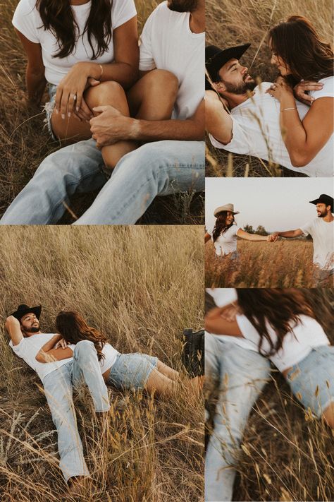 Field Pictures Ideas, Engagement Outfits Western, Dusk Couple Photography, Ranch Couples Photos, Engagement Party Western, Engagement Outfits Jeans, Rustic Western Engagement Photos, Western Boho Couple Photoshoot, Engagement Photos Fence