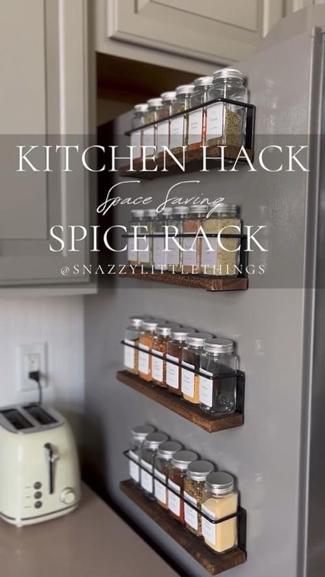 Spice Rack Space Saver! Great for small kitchens Space Hacks For Small House, Spice Rack On Wall Ideas, Tiny Kitchen Space Saving, Spice Rack On Fridge, Kitchen Spice Wall Storage, Spice Rack Ideas Over Stove, Space Saving In Kitchen, High Kitchen Storage, Redoing Mobile Home