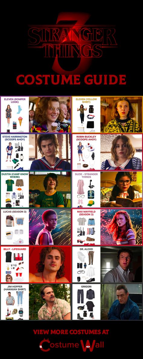 Browse through Stranger Things 3 character costume and cosplay guides. See how to look like every Stranger Things character with step-by-step DIY cosplay guides. You can find guides on how to dress like Eleven, Sheriff Hopper, Steve Harrington, Robin, Lucas, Dustin, Max and the rest of the crew. Disfraces Stranger Things, Eleven Stranger Things Costume, Stranger Things Halloween Party, Stranger Things Halloween Costume, Stranger Things Cosplay, Lucas Stranger Things, Netflix Stranger Things, Stranger Things Outfit, Diy Cosplay