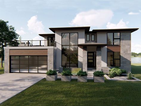 050H-0186: Modern 2-Story House Plan Offers 4 Bedrooms & Flex Space Modern Stucco Exterior, Exterior Finishes, Home Designs Exterior, Prairie House, Prairie Style Houses, Contemporary House Exterior, Modern Style House Plans, Modern Exterior House Designs, Beautiful House Plans