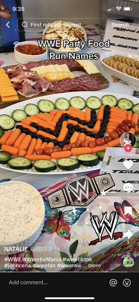 Wrestlemania Food Ideas, Wwe Food Puns, Wrestling Themed Food, 30th Birthday Wrestling, Wrestling Party Food, Wwe Themed Food, Wrestlemania Birthday Party, Wrestlemania Party Food, Wwe Food Ideas