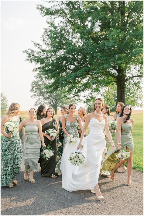 Mix And Match Bridesmaid Bouquets, All Different Green Bridesmaid Dresses, Sage Mixed Bridesmaid Dresses, Brides With Bridesmaids, Mix And Match Sage Bridesmaid Dresses, White And Green Wedding Party, Modern Tropical Bridesmaid Dress, Green And White Floral Bridesmaid Dresses, Green Palate Bridesmaid Dresses
