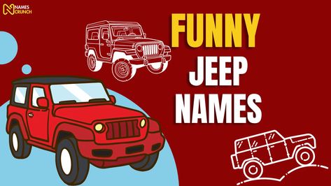 Explore a collection of witty, pun-tastic, and downright hilarious names for your trusty Jeep vehicles. From "The Gigglin' Gladiator" to "Mud-ster Comedian," this board is a Jeep owner's paradise. Whether you're a seasoned off-roader, an adventure enthusiast, or simply someone who enjoys automotive-themed humor, find the perfect name that will have you and your Jeep cruising with a smile. Pin your favorites and add a dose of laughter to your Jeep journeys! #FunnyJeepNames #OffRoadHumor Jeep Wrangler Names Ideas, White Jeep Names Ideas, Jeep Wrangler Names, Jeep Names Ideas, Jeep Themes, Jeep Wrangler Quotes, Car Names Ideas, Jeep Jokes, Orange Jeep Wrangler