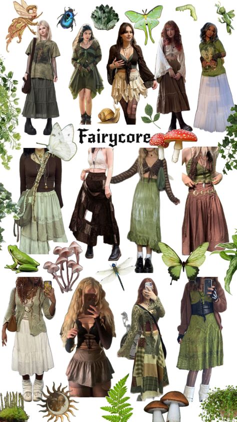 Fairy fashion fairycore outfit fairy grunge aesthetic butterfly fairy mushroom Luna moth plants goblin magic Hippies, Modern Fairycore Outfits, Druid Aesthetic Outfit, Clothes Nature Aesthetic, Indie Fairy Outfits, Earthy Fantasy Outfits, Mother Nature Aesthetic Outfits, Simple Goblincore Outfits, Forest Fairy Core Outfits