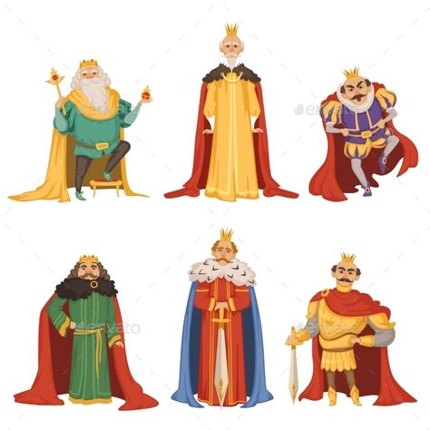 Cartoon characters of big king in different poses. Collection of king character, medieval person lord and monarch with crown. Vector illustration King Character, King Cartoon, King And Queen Crowns, King Drawing, Big King, King Outfit, Old King, Different Poses, Female Knight
