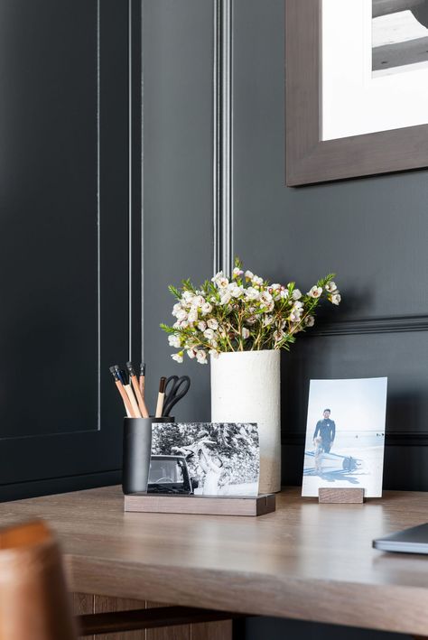 5 Tips For Styling Your Home Office - Studio McGee Dark Sofa, Us White House, The Mcgee Home, Mcgee Home, The Shade Store, Paper Pot, Swing Arm Wall Light, Shade Store, Family Photo Frames