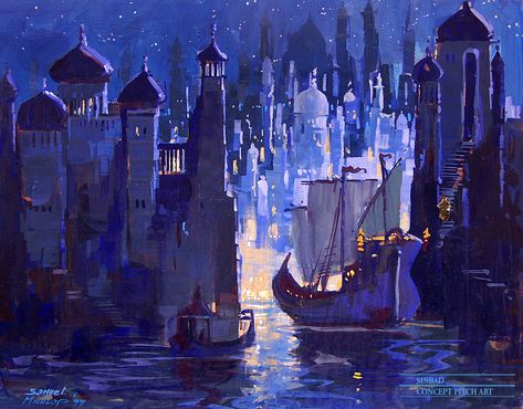 Samuel Michlap Design - Sinbad: Legend of the Seven Seas Drawing Types, Seven Seas, Arte Cyberpunk, Fantasy City, Concept Art Drawing, Fantasy Setting, Fantasy Art Landscapes, Environment Concept Art, Fantasy Inspiration