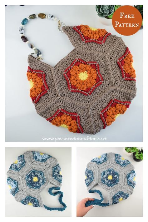 Sunburst Hexagon Bag Free Crochet Pattern Patchwork, Hexagon Bag, Grocery Bag Pattern, Hexagon Crochet Pattern, Hexagon Crochet, Bandeau Au Crochet, Crochet Blanket Stitch Pattern, Crochet Purse Pattern Free, Crochet Pouch