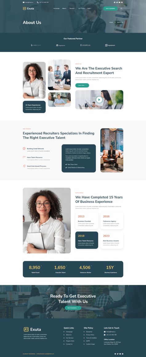 Exuta - Executive Search & Recruitment Service Elementor Template Kit Services Web Page Design Inspiration, Resource Page Design, Corporate Mailer Design, About Us Website Design Inspiration, Recruitment Website Design Inspiration, Cta Section Web Design, Service Page Web Design Layout, Our Work Website Design, Service Website Design Inspiration