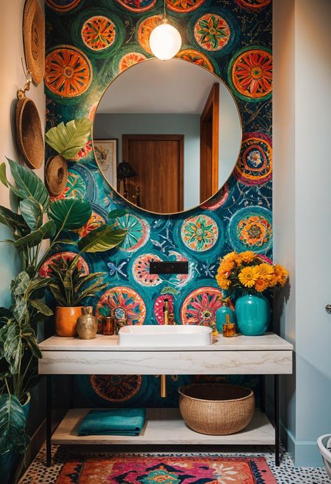 Modern Maximalist Interior Design, Spanish House Decor, Spanish Style Interior Design, Maximalist Bathroom Decor, Funky Bathroom Ideas, Vibrant Bathroom, Funky Bathroom, Boho Bathroom Ideas, Tuscan Bathroom