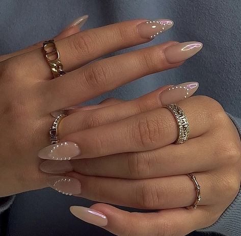 Nails For Prom Almond, Rhinestone Simple Nails, Beige Almond Nails, Nails With Pearls On Them, Elegant Almond Nails Classy, Moms Nails, Grad Nails, Engagement Nails, Hello Nails