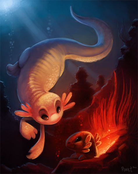 DAY 5. Axolotls (1 hr + 25 Minutes) by Cryptid-Creations.deviantart.com on @DeviantArt Fire Animals, Axolotl Art, Cryptid Creations, Piper Thibodeau, Creatures Design, Dragon Mythology, Whimsy Art, Dragon Artwork, Daily Painting