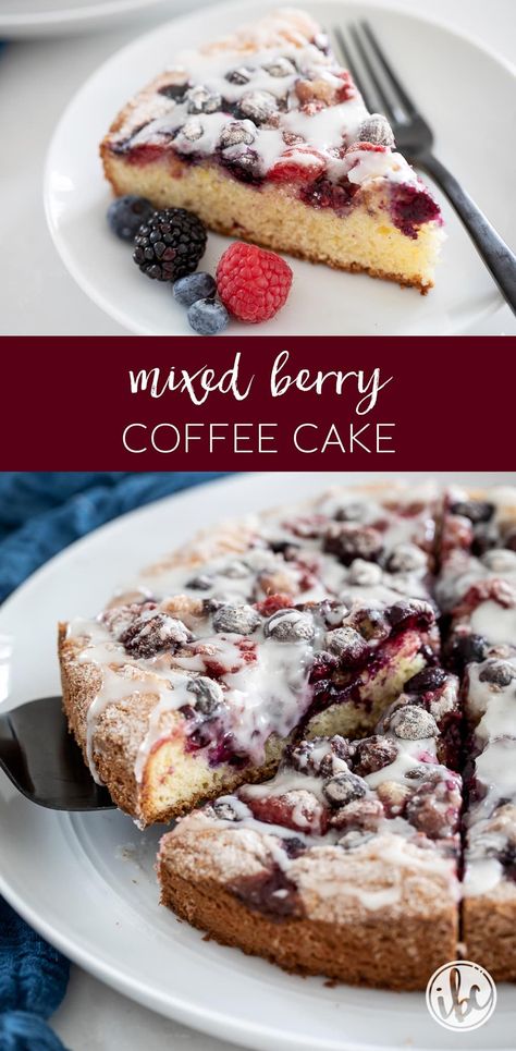 Delicious Homemade Mixed Berry Coffee Cake Recipe #mixedberries #coffeecake #cake #breakfast #brunch #berry #recipe #cinnamon Mixed Berry Cake, Mixed Berry Recipes, Berry Coffee Cake, Cake With Fresh Berries, Cake With Sour Cream, Berry Cake Recipe, Classic Coffee Cake, Breakfast Coffee Cake, Cake Breakfast