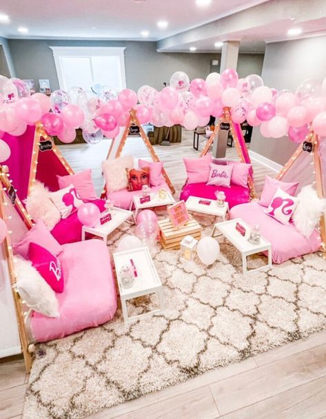 How To Throw A Barbie Party In 8 Easy Stiletto Steps – Teacups and Glitter Barbie Theme Slumber Party, Barbie Themed Sleepover Party, Barbie Themed Slumber Party, Barbie Spa Party Ideas, Barbie Birthday Sleepover, Barbie Tea Party Ideas, Barbie Hotel Party, Barbie Party Sleepover, Barbie Teepee Sleepover