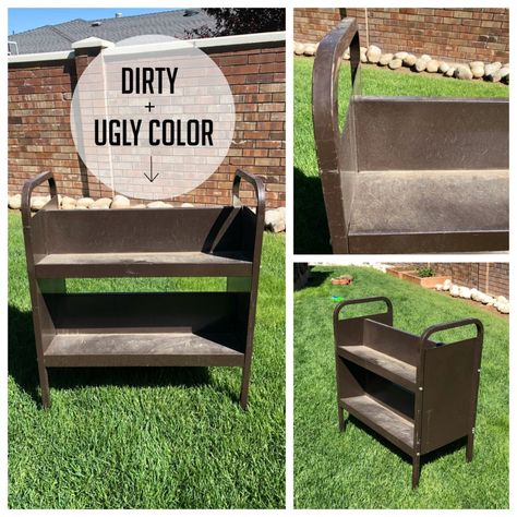 Decorated Library Book Carts, Library Cart Makeover, Library Windows, Vintage School Decor, Spray Paint Techniques, Library Cart, Bookshelf Makeover, Book Carts, Best Spray Paint