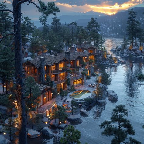 Indulge in tranquil lakeside living at this 11,000 sq ft Rustic Lakefront Lodge in Lake Tahoe. With 5 bedrooms and a captivating outdoor space, immerse yourself in nature's harmony. Envision gathering with loved ones as the sun sets behind the mountains in this serene retreat. Share your lakeside aspirations below! �🌅🏞️ #RusticElegance #LakeTahoeRetreat #LakefrontLiving #dreamhomeinspiration #luxuryliving #luxurydesign Woodland Landscaping, Mountain Mansion, Lakeside Village, Lakefront Living, Lakeside Living, Beauty Features, Ideal Life, Sun Sets, Rustic Elegance