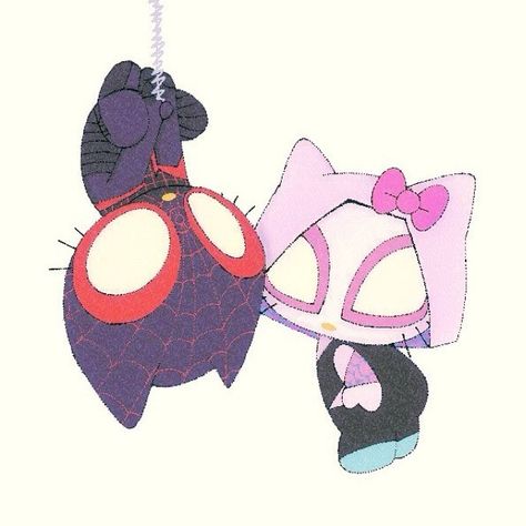 cats, as miles morales and gwen stacy Spider Man X Hello Kitty, Spiderman Y Hello Kitty, Hello Kitty X Spiderman, Hello Kitty Spiderman, Spiderman And Gwen, Spiderman Gwen, Hello Kitty Desenho, Spiderman Pixel Art, Spiderman Cute