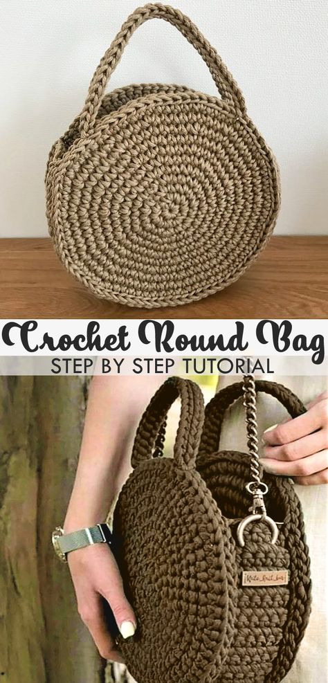 Crochet Round Bag. Pattern and Tutorial Amigurumi Patterns, Simple Crochet Tote Bag, Simple Crochet Tote, Round Bag Pattern, Crochet Round Bag, Bag Free Sewing Pattern, Festival Crochet, Crotchet Bags, Knitted Slippers Pattern