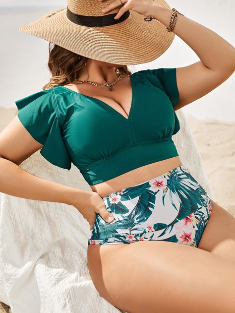 Dark Green  Collar   Tropical  Embellished High Stretch  Women Plus Clothing Bathing Suits For Plus Size Women, Swimsuits For Plus Size Women, Plus Size Bathing Suits For Women, Plus Size Swimwear Big Belly, Swimsuits For Curvy Women, Beach Outfits Plus Size, Plus Size Bikinis, Plus Size Bathing Suits, Plus Size Short Dresses