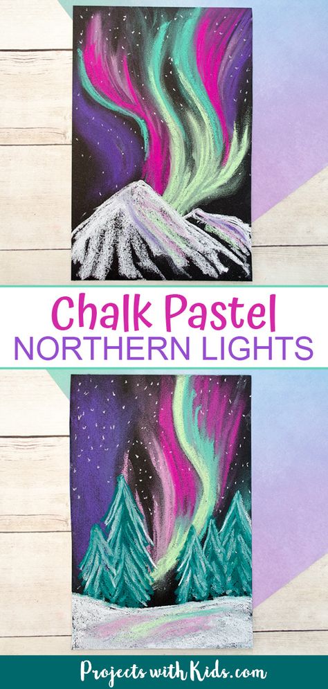 Learn about layering and blending pastels with this gorgeous northern lights chalk pastel art project! A beautiful winter art project kids will love creating. #projectswithkids #chalkpastelart #northernlights #kidsart Winter Displays School, Elementary Art Show Ideas, Pastel Northern Lights, Winter Art Activities For Kids, One Day Art Lessons Elementary, Art Project Elementary, Art Project Kids, Winter Art Project, Sunflower Art Project