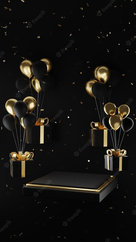 Premium Photo | Black gold podium with balloon and gift box Studio Background Ideas, Pink And Gold Background, Disco Background, Happy Birthday Invitation Card, Chic Illustration, Birthday Background Design, Gold And Black Background, Black Background Design, Lucky Wallpaper