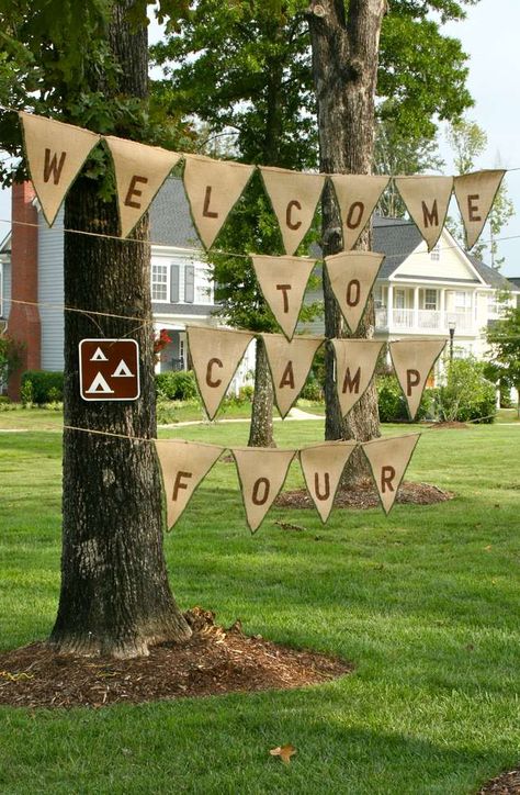 Summer Camp Birthday Party Ideas | Photo 3 of 30 Happy Camper Decorations, Vintage Summer Camp Aesthetic, Camp Out Vbs, Camp Banner, Campout Party, Camp Vbs, Camp Birthday, Campfire Party, Camping Theme Birthday