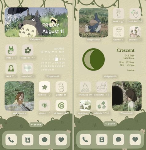 Homescreen Layout Studio Ghibli, Studio Ghibli Layout Iphone, Pretty Phone Layout, Phone Wallpaper Widget Ideas, Ghibli Homescreen Layout, Phone Theme Ideas Aesthetic, Phone Inspo Home Screen Aesthetic, Studio Ghibli Homescreen Layout, Studio Ghibli Iphone Layout