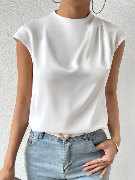 White Elegant Collar Cap Sleeve Woven Fabric Plain Top Embellished Non-Stretch  Women Clothing Formal Tops For Women Classy, Formal Tops For Women, Summer Work Fashion, Classy Blouses, Batwing Sleeve Blouse, Frilly Blouse, Stylish Tops For Women, Womens Trendy Dresses, Women Blouses Fashion