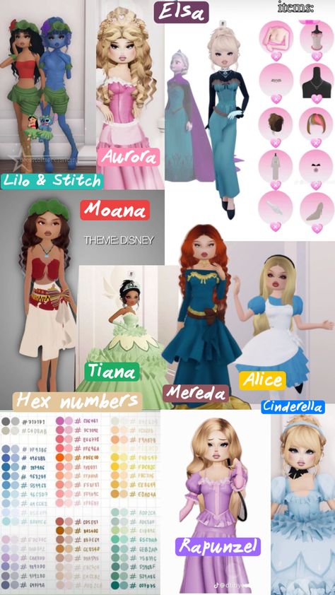 theme: disney. sorry, I don’t have some of the items for some outfits because I didn’t make these outfits!! credit to the people who did, I don’t know the names sorry! lilo & stitch, aurora, elsa, moana, tiana,mereda, alice, cinderella, rapunzel. I also added some hex codes(not my codes)! my collage!! ☁️ Disney Fairytale Wedding, Lilo Dress, Rapunzel Outfit, Fairytale Wedding Dresses, Tennis Dress Outfit, Elsa Outfit, Moana Dress, Moana Outfits, Duo Dress