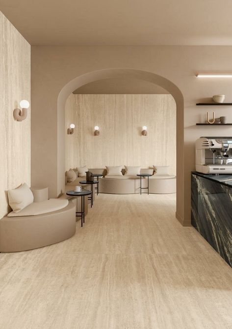 ariostea marmi travertino gives travertine stone a porcelain revival Organic Modern Kitchen, Studio Decoration, Bathroom Construction, Travertine Floor Tile, Beauty Salon Interior Design, Window Display Retail, High Tech Design, Stone Interior, Travertine Marble