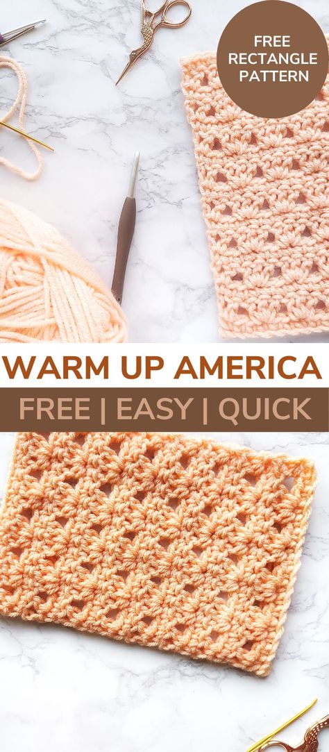 Crochet a rectangle and send it to the Warm Up America organization! :heart_eyes::hugging: Warm Up America Crochet Patterns, Crochet Rectangle Pattern, Crochet A Rectangle, Crochet Rectangle, Crochet Square Blanket, Rectangle Pattern, Easy Crochet Blanket, Crochet Square Patterns, Single Crochet Stitch