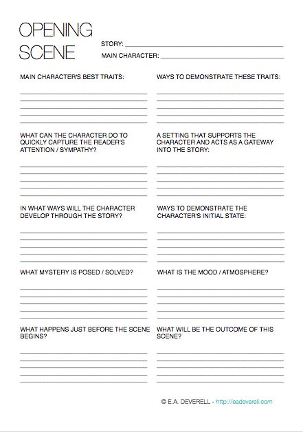 Writing Worksheet – Opening Scenes (PDF) If you’re wondering where to begin, look no further than the beginning. This worksheet will help your character to make an entrance and set the scene. If you would rather be fashionably late and return to your beginning at the end, then you may find it easier, in fact,… Writers Notebook, Movie Ideas To Make Projects, Character Development Worksheet, Scene Writing, Character Making, Opening Scene, Writing Blog, Creative Writing Tips, Script Writing