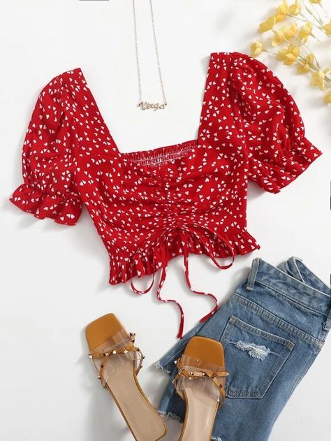 Allover Heart Print Ruffle Trim Drawstring Ruched Front Crop Top | SHEIN USA Red Crop Top Outfit, Red Top Outfit, Crop Top Design, Chiffon Crop Top, Top Summer Outfits, Crop Top Designs, Red Crop Top, Top Shein, Red Boho