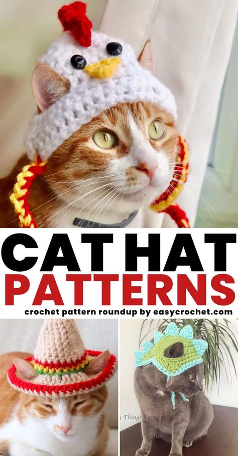 13 Adorable Crochet Cat Hat Patterns Hats For Cats, Crocheting Tutorial, Cat Hat Pattern, Kat Haken, Chat Crochet, Crochet Cat Toys, Crochet Cat Hat, Crochet Cat Pattern, Bonnet Crochet