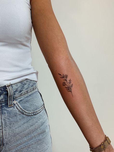 Fine line flower tattoo Back Of Forearm Flower Tattoo, Flower Above Elbow Tattoo, Dainty Lower Arm Tattoos, Dainty Birth Flower Bouquet Tattoo, Birth Flowers Arm Tattoo, Small Feminine Arm Tattoos, Birth Flower Tattoos On Wrist, Dainty Flower Wrist Tattoos, Forearm Flower Tattoos For Women