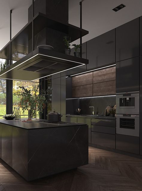 Luxurious Apartment Kitchen, Big Kitchen Luxury Black, Sleek Home Design, Black Modern Home Interior Design, Modern House Aesthetic Interior, Black House Asthetics, Dark Kitchen Aesthetic Modern, Modern Vintage Decor Kitchen, Black Modern Home Exterior