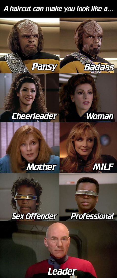 Star Trek Visualizes The Importance Of A Good Haircut c.c. @apoloduvalis Gates Mcfadden, Star Trek Funny, A Haircut, Star Trek Universe, Can't Stop Laughing, Geek Out, Cool Haircuts, Live Long, Hair Cut