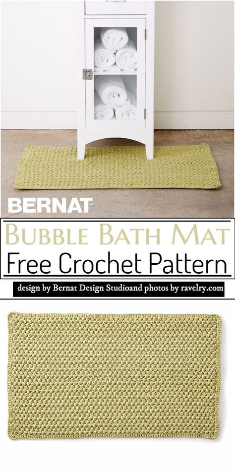 This crochet pattern uses the Bernat maker home dec yarn for making it. This Bubble Bath Mat Crochet Pattern is perfect that is the combination of green color but you can change it according to your choice. You will definitely like the design of this mat. Spruce up your crocheting talent with this pattern that is only for the beautification of your home. Click down for more and complete information. Home Dec Yarn Patterns, Bath Mat Crochet, Crochet Kitchen Mat, Bernat Home Dec Yarn Patterns, Bernat Maker Home Dec Patterns, Bernat Maker Home Dec Patterns Crochet, Diy Bathroom Mat, Crochet Bathroom Rug, Door Matts