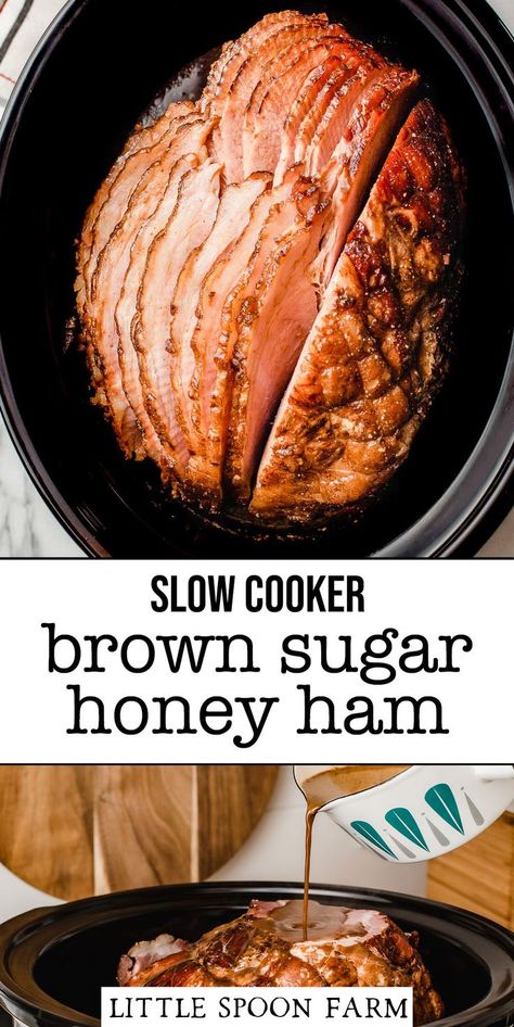 This slow cooker ham recipe is the best way to cook a holiday ham because the crock-pot does all the work for you! Everyone will go crazy for this spiral cut ham slow cooked to perfection in a brown sugar honey glaze. Thanksgiving and Christmas dinner couldn't be easier to make. Save valuable oven space for baking sweet potato casserole and pecan pie! Essen, Brown Sugar Honey Glaze, Ham Recipes Crockpot, Slow Cooker Ham Recipes, Honey Baked Ham Recipe, Sugar Ham, Spiral Cut Ham, Brown Sugar Ham, Ham Recipes Baked