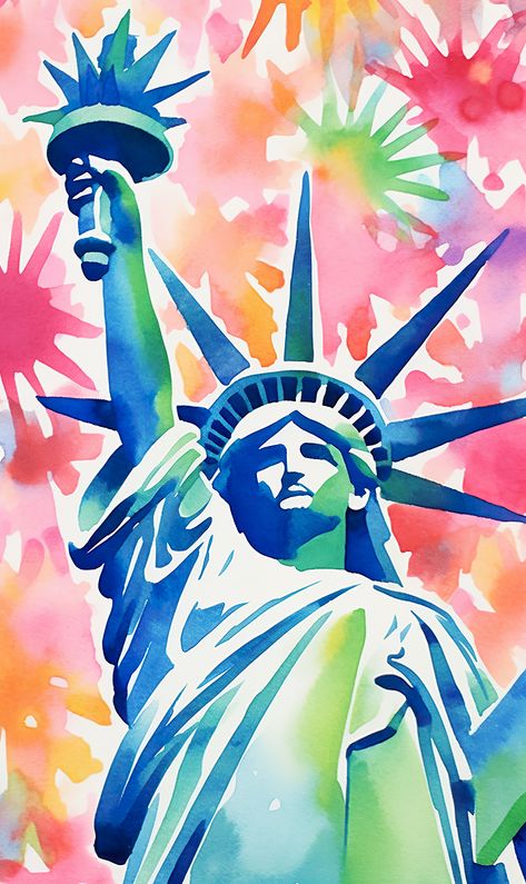 This image is a pastel watercolor representation of the Statue of Liberty, offering a gentle rendition of the famous landmark. Mandalas, Statue Of Liberty Bulletin Board, How To Draw The Statue Of Liberty, New York Statue Of Liberty Drawing, Statue Of Liberty Watercolor, 4th Aesthetic, Statue Of Liberty Illustration, Statue Of Liberty Quote, Statue Of Liberty Painting