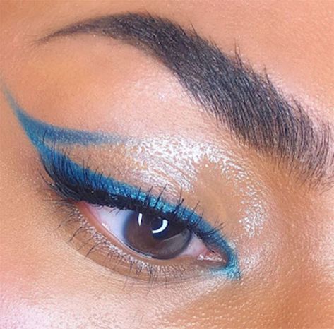 Hoco Eye Makeup Blue Dress, Blue Wing Makeup, Blue Makeup Looks For Blue Eyes, Homecoming Makeup With Blue Dress, Blue Cheerleader Makeup, Eye Shadow With Blue Dress, Blue Winged Eyeshadow, Make Up With White Dress Makeup, Sapphire Blue Makeup Looks