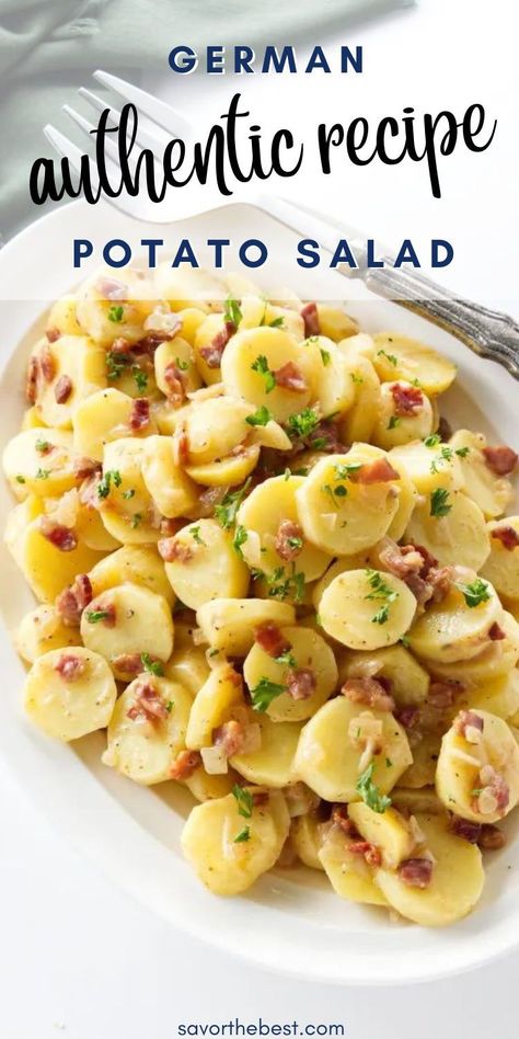 Try this authentic recipe for German potato salad! With bacon, tender potatoes, and a tangy dressing, it's the perfect side dish for any meal. Plus, it's mayo-free, so you can bring it to picnics and potlucks without worrying about it turning into a science experiment. Hot, cold, or room temp—this easy dish has got you covered. Hot German Potato Salad Recipe Bacon, Easy Dinners For Hot Summer, Festive Potato Salad, Easy German Potato Salad Recipe, German Style Potato Salad, Potato Salad Using Canned Potatoes, German Potato Salad Cold, Easy German Food Recipes, Potato Salad With Small Potatoes