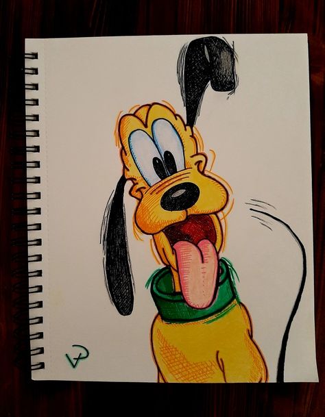 Drawing Ideas Cartoon Characters Disney, Things To Sketch Disney, Pluto Drawing Disney, Pluto Disney Drawing, How To Draw Pluto, Disney Drawings Colored Pencil, Disney Drawings Sketches Pencil, Cartoon Character Collage Drawing, Easy Disney Drawing