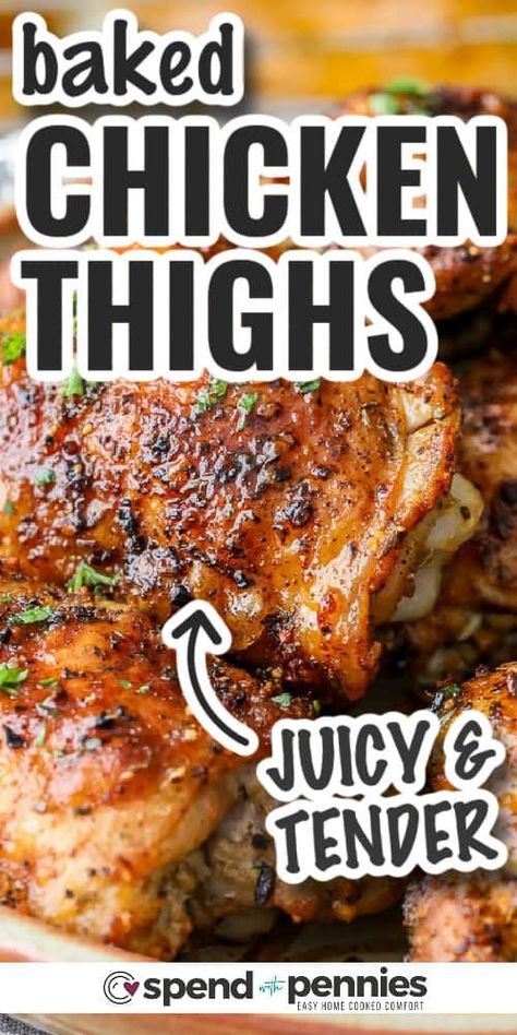 These oven baked chicken thighs come out so tender and juicy every time. We love making this recipe for a quick weeknight meal! Serve with rice or mashed potatoes and your favorite veggies, or cut them up and enjoy in a salad! #bakedchickenthighs #chickenthighs #recipe #spendwithpennies Crispy Lemon Chicken, Lemon Chicken Thighs, Chicken Crisps, Lemon Roasted Chicken, Easy Oven Baked Chicken, Baked Lemon Chicken, Creamy Lemon Chicken, Spend With Pennies, Beef Tips