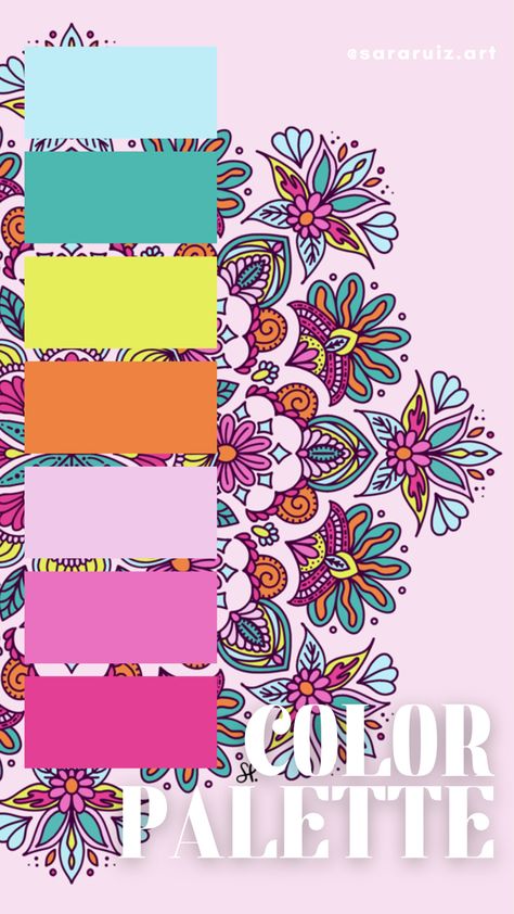 Art and color palette by Sara Ruiz Mandala Color Palette Colour Schemes, Mandela Color Schemes, Mandala Color Scheme, Mandala Color Combinations, Mandala Color Palette, Barbie Color Palette, Mexican Color Palette, Bohemian Color Palette, Bright Bedroom