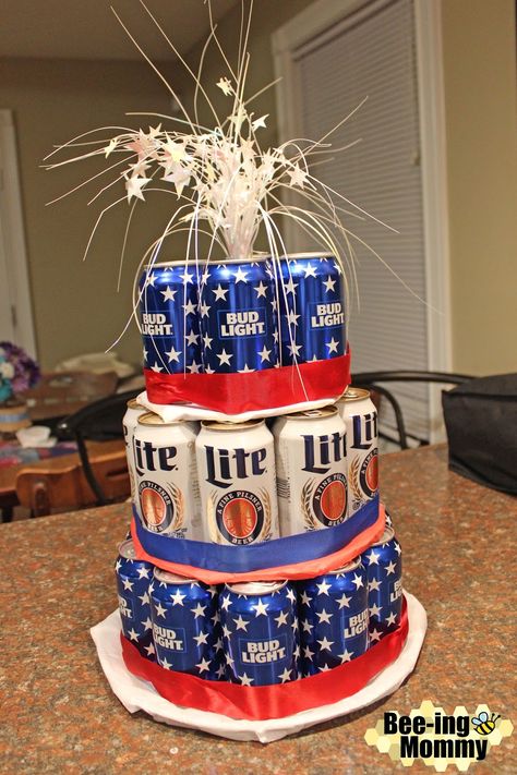 DIY Beer Can Cake Tutorial with pictures of how to set it up Beer Cakes For Men, Beer Cake Tower, Beer Can Cake, Beer Can Cakes, Birthday Beer Cake, Cake Tower, Cake In A Can, Bottle Cake, Mini Liquor Bottles